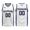 Uniforme de baloncesto personalizado blanco y azul oscuro con tu logotipo-nombre y número impresos