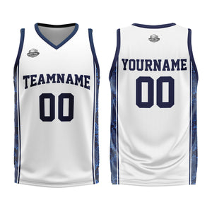 Uniforme de baloncesto personalizado blanco y azul oscuro con tu logotipo-nombre y número impresos