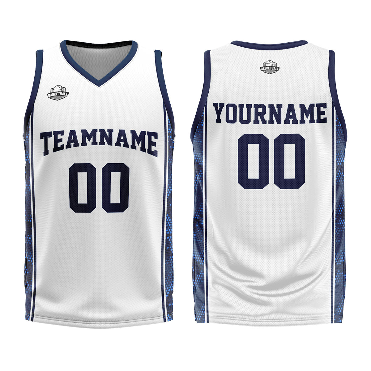 Uniforme de baloncesto personalizado blanco y azul oscuro con tu logotipo-nombre y número impresos
