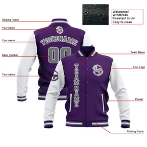 Chaquetas universitarias impermeables personalizadas en color morado-blanco y gris con nombre-número y logotipo bordados a medida