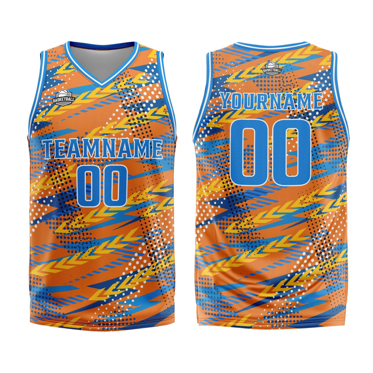 Uniforme de baloncesto personalizado naranja y azul con tu logotipo-nombre y número impresos