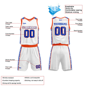 Uniforme de baloncesto personalizado en blanco-naranja y azul marino con tu logotipo-nombre y número impresos