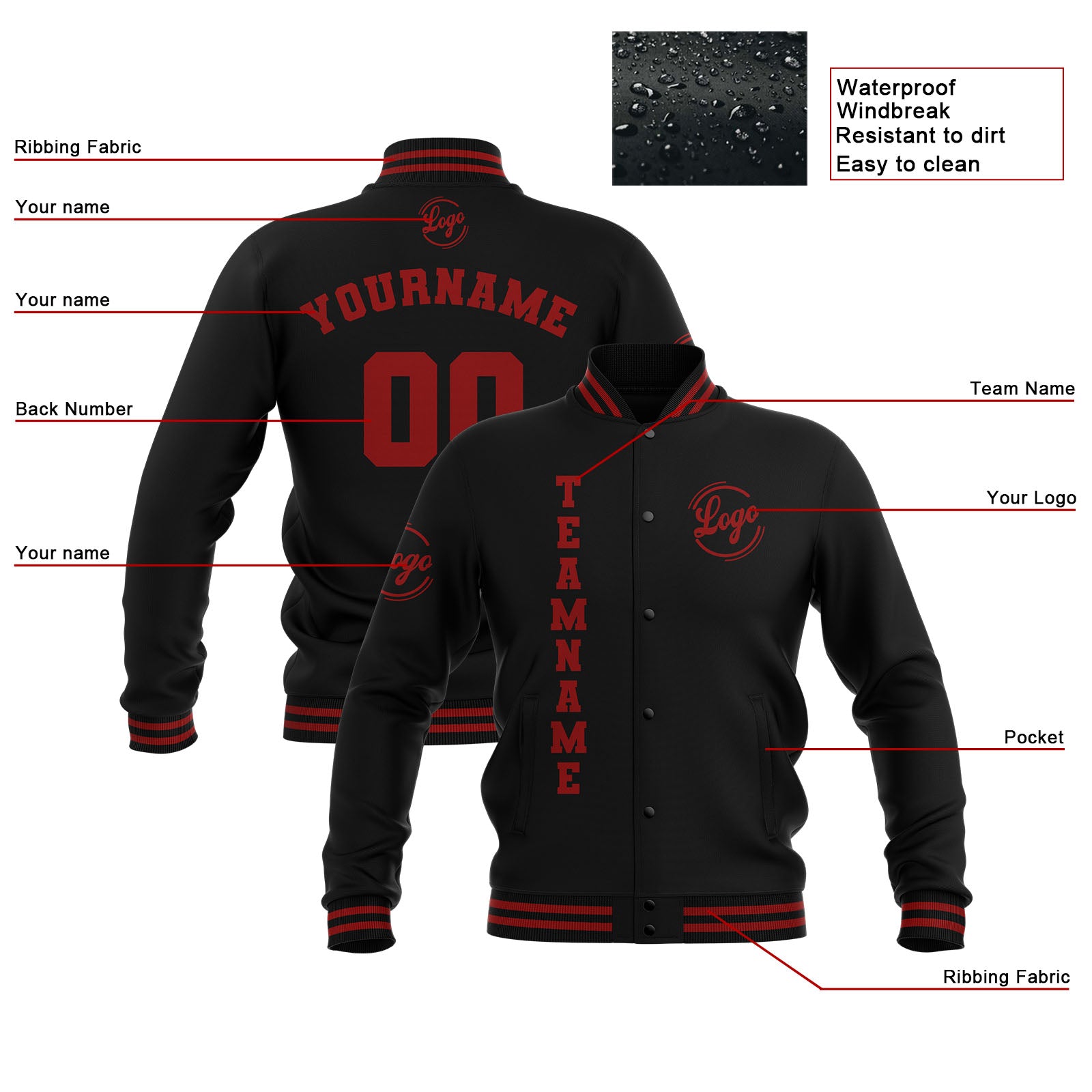 Chaquetas universitarias impermeables negras y rojas personalizadas con nombre-número y logotipo bordados a medida