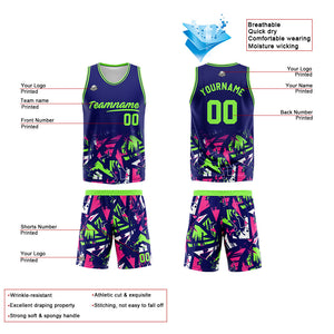 Uniforme de baloncesto personalizado azul marino verde neón con tu logotipo-nombre y número impresos