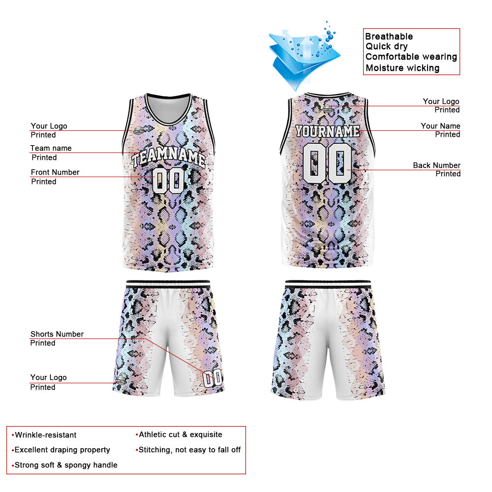 Uniforme de baloncesto personalizado con estampado de serpiente y tu logotipo-nombre y número impresos