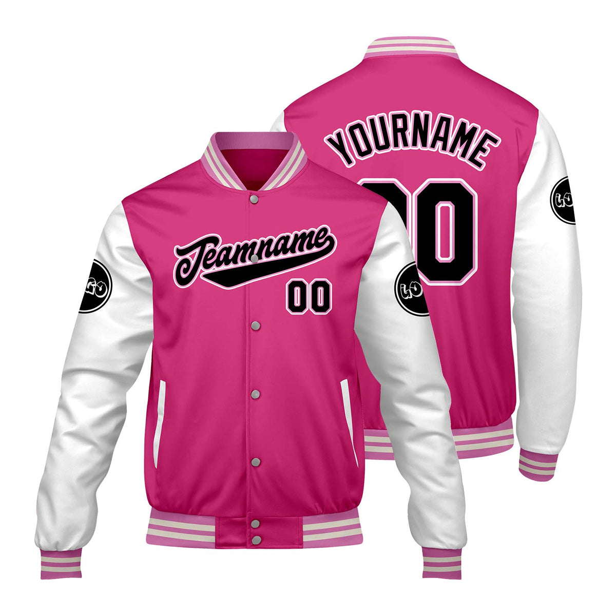 Chaquetas universitarias personalizadas en rosa y blanco para hombres & mujeres y jóvenes & Chaquetas Letterman personalizadas