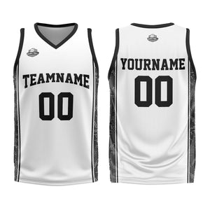 Uniforme de baloncesto personalizado blanco y negro con tu logotipo-nombre y número impresos