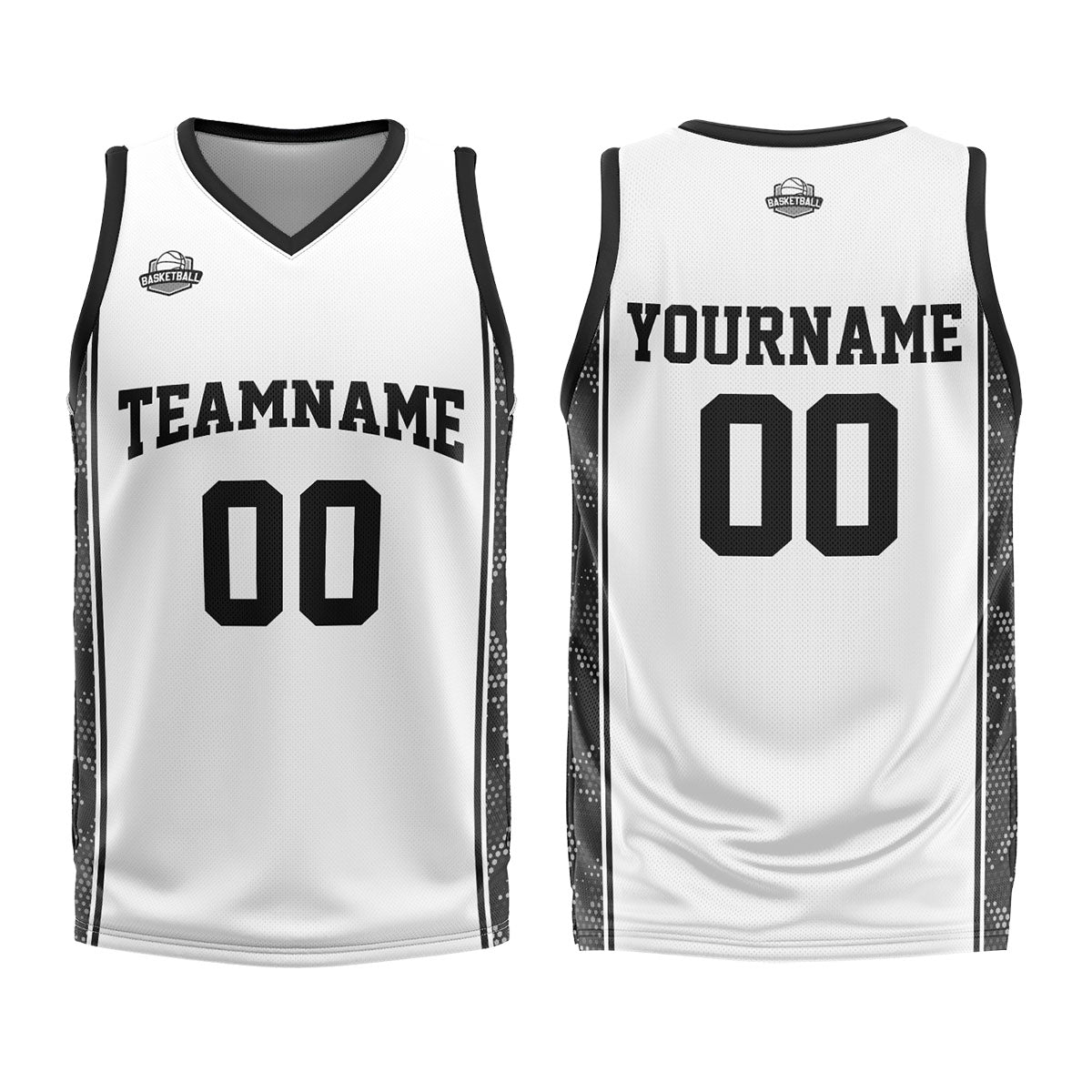Uniforme de baloncesto personalizado blanco y negro con tu logotipo-nombre y número impresos