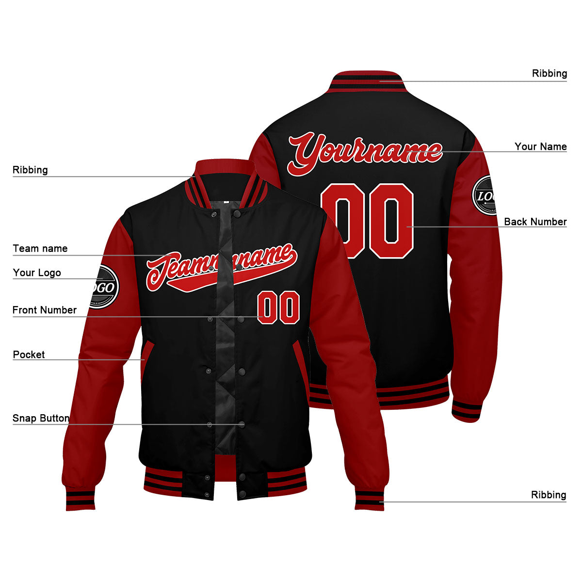 Chaqueta universitaria personalizada estilo Letterman para hombres-mujeres y jóvenes-color rojo y negro