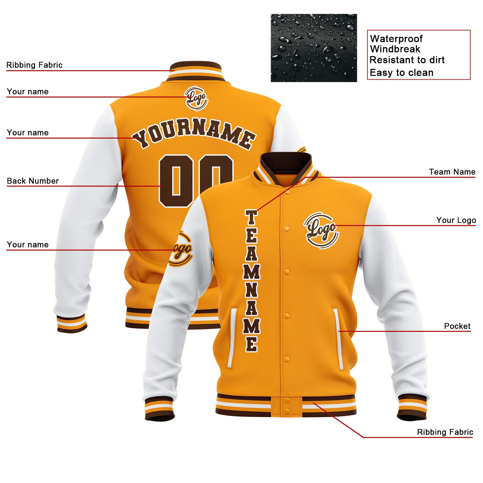 Chaquetas universitarias impermeables personalizadas en amarillo-blanco y marrón con nombre-número y logotipo bordados