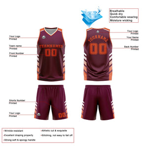 Traje de baloncesto reversible personalizado en burdeos-blanco y naranja para adultos y niños