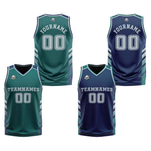 Traje de baloncesto reversible personalizado en verde medianoche-azul marino y gris para adultos y niños