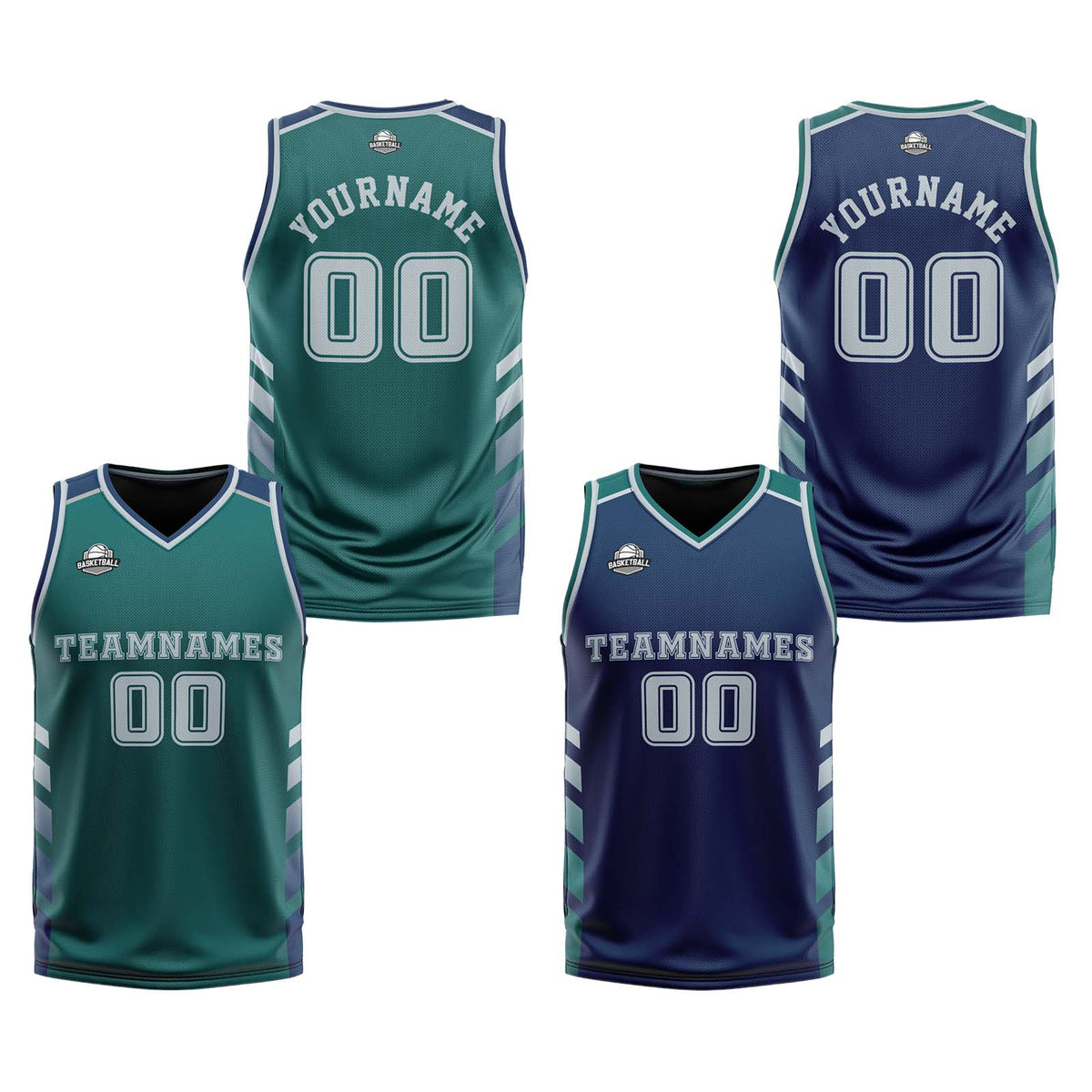 Traje de baloncesto reversible personalizado en verde medianoche-azul marino y gris para adultos y niños