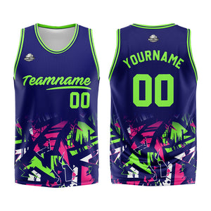 Uniforme de baloncesto personalizado azul marino verde neón con tu logotipo-nombre y número impresos