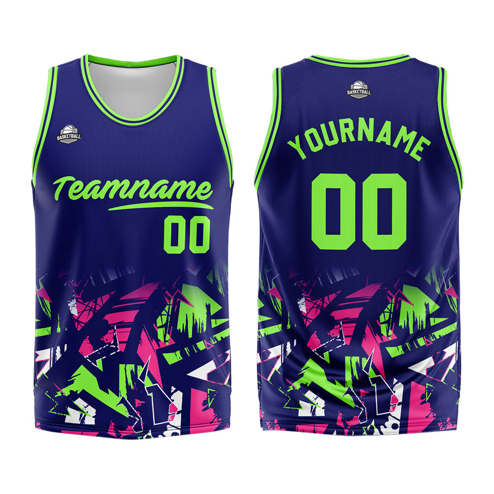 Uniforme de baloncesto personalizado azul marino verde neón con tu logotipo-nombre y número impresos