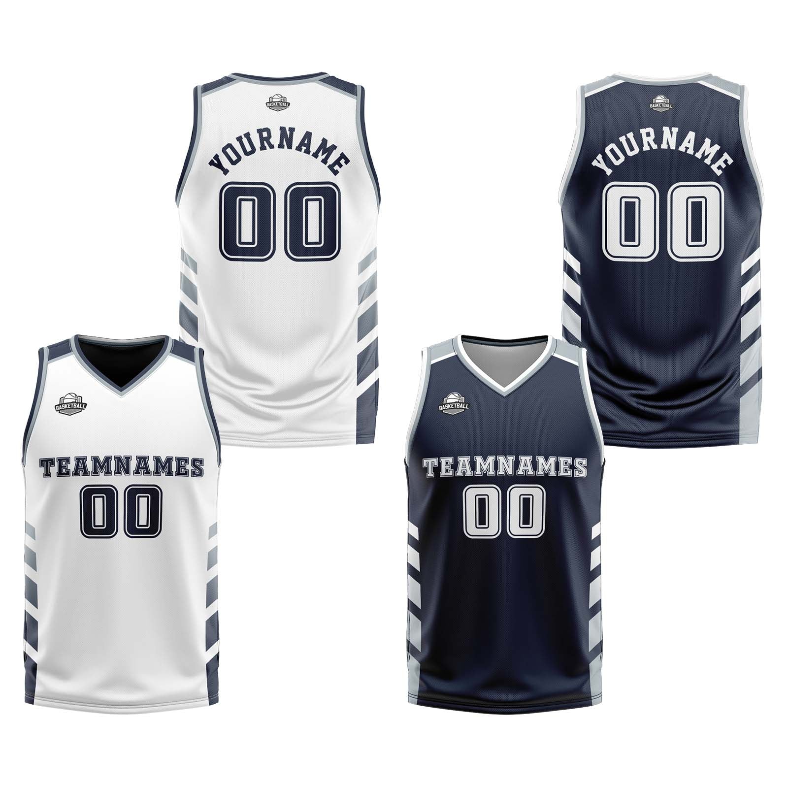 Traje de baloncesto reversible personalizado blanco-azul marino y gris para adultos y niños