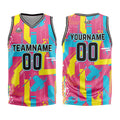 Uniforme de baloncesto rosa y amarillo con diseño geométrico personalizado-estampado con tu logotipo-nombre y número