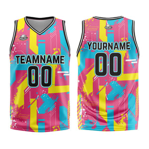 Uniforme de baloncesto rosa y amarillo con diseño geométrico personalizado-estampado con tu logotipo-nombre y número