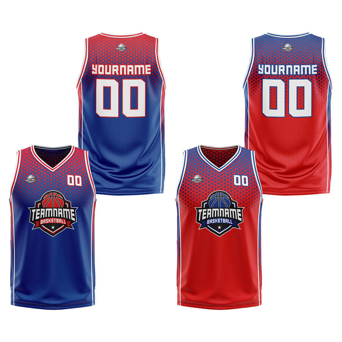 Traje de baloncesto reversible azul y rojo personalizado para adultos y niños