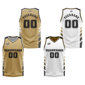 Traje de baloncesto reversible personalizado en dorado-blanco y negro para adultos y niños