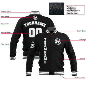 Chaquetas universitarias impermeables personalizadas en negro-gris y blanco con nombre-número y logotipo bordados