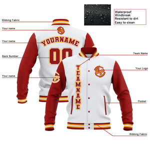 Chaquetas universitarias impermeables personalizadas blancas-rojas y amarillas con nombre-número y logotipo bordados a medida