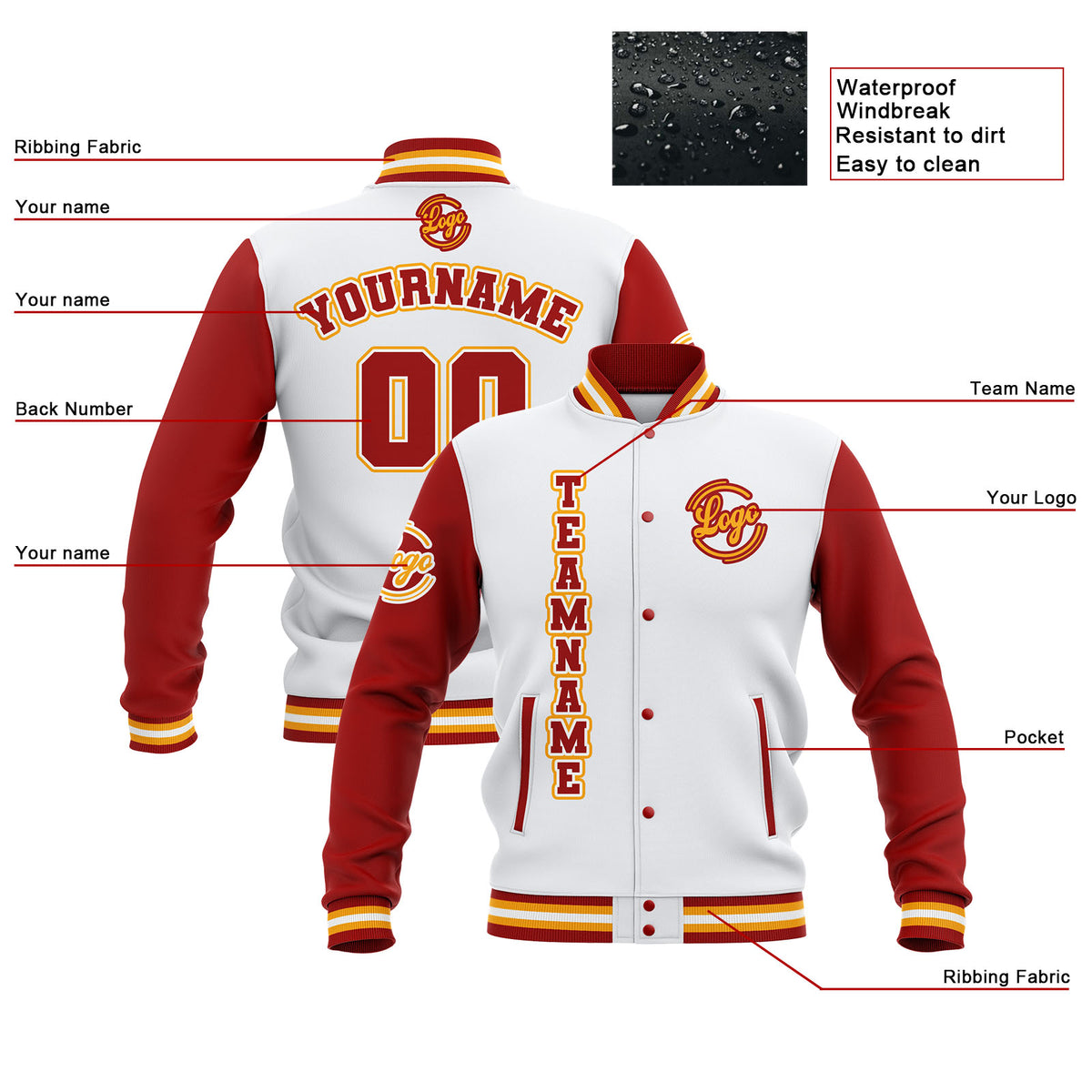 Chaquetas universitarias impermeables personalizadas blancas-rojas y amarillas con nombre-número y logotipo bordados a medida