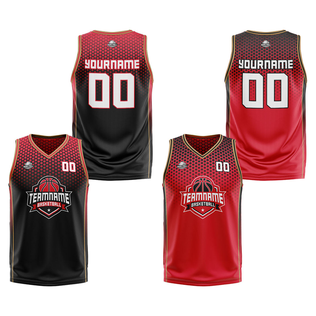 Traje de baloncesto reversible negro-rojo y dorado personalizado para adultos y niños
