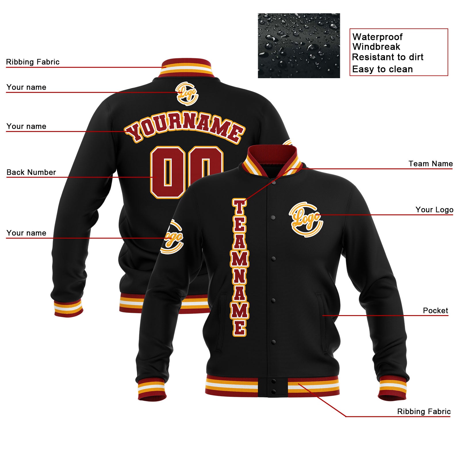 Chaquetas universitarias impermeables personalizadas en negro-rojo y amarillo con nombre-número y logotipo bordados