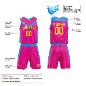 Uniforme de baloncesto personalizado rosa fucsia y azul con tu logotipo-nombre y número impresos