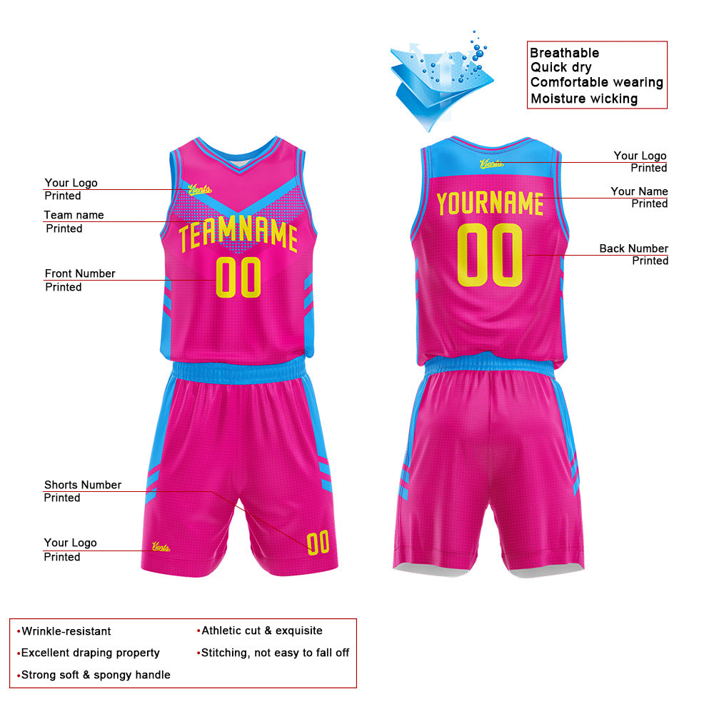 Uniforme de baloncesto personalizado rosa fucsia y azul con tu logotipo-nombre y número impresos
