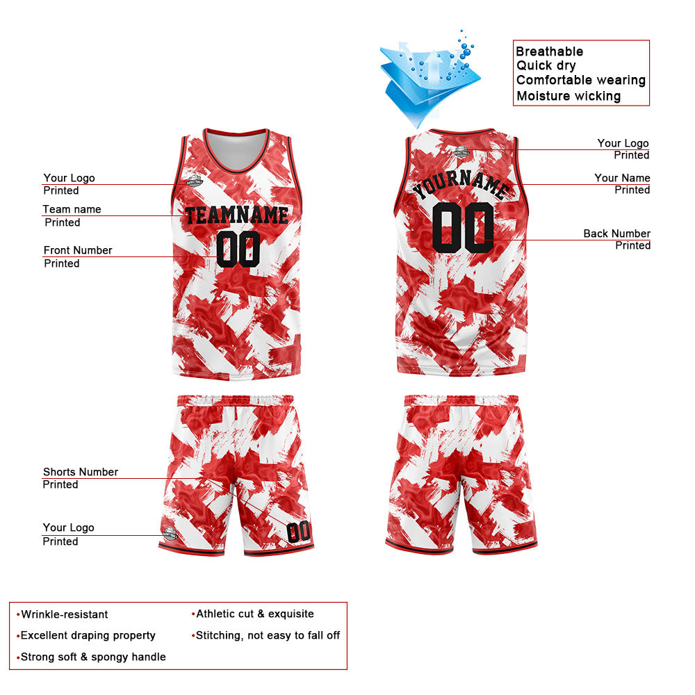 Uniforme de baloncesto personalizado rojo y blanco con tu logotipo-nombre y número impresos