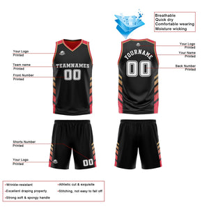 Traje de baloncesto reversible negro-rojo y dorado personalizado para adultos y niños
