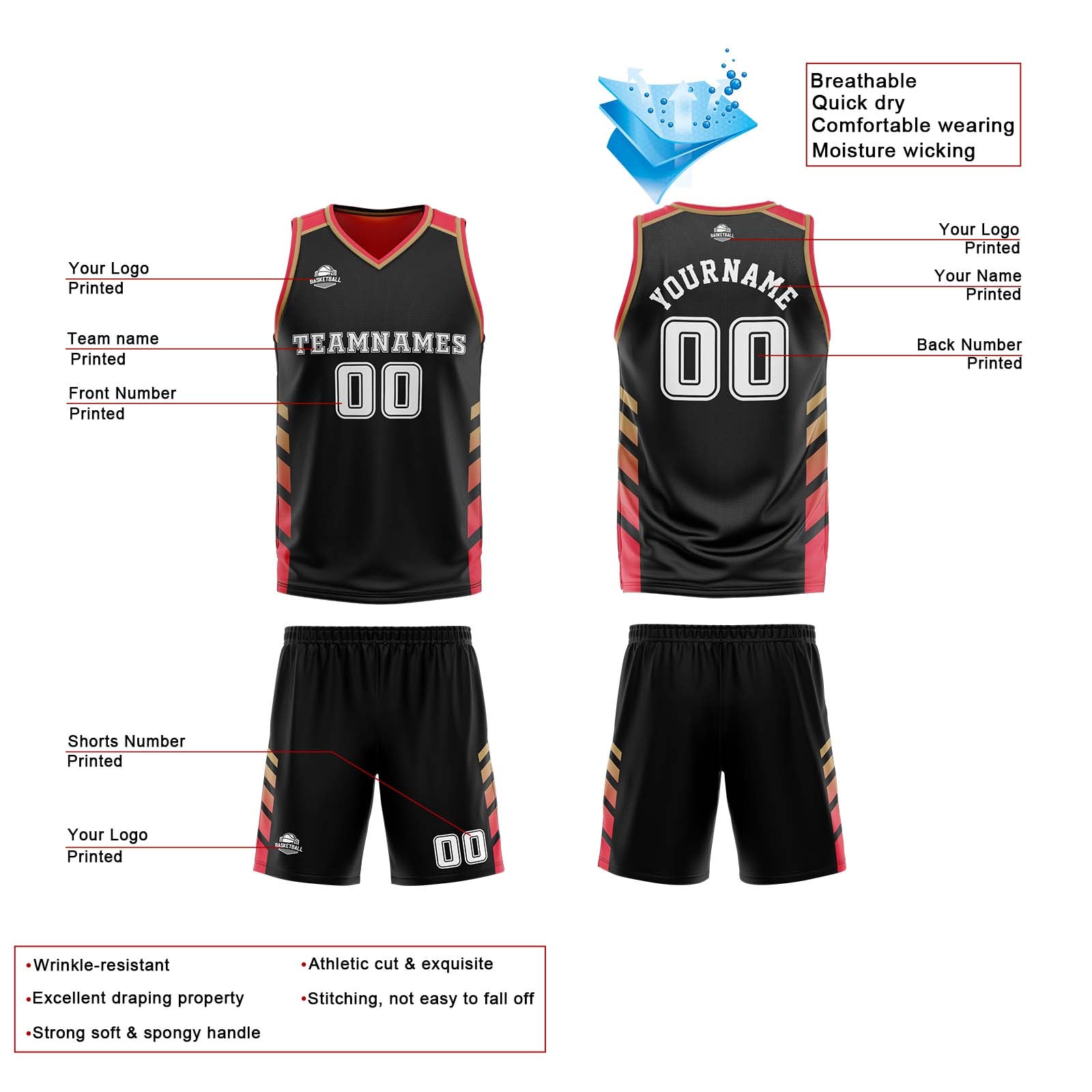 Traje de baloncesto reversible negro-rojo y dorado personalizado para adultos y niños
