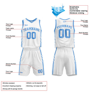 Uniforme de baloncesto personalizado blanco y azul claro con tu logotipo-nombre y número impresos