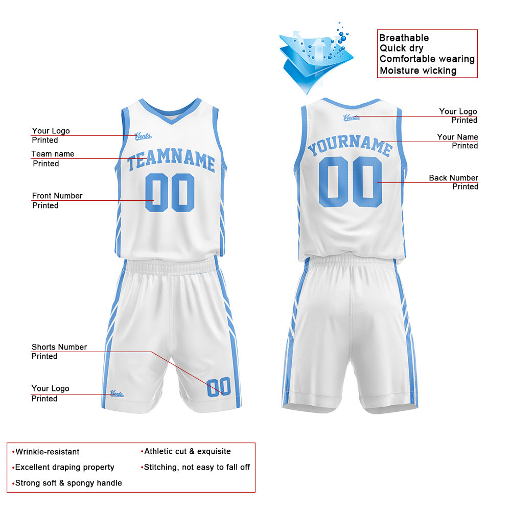 Uniforme de baloncesto personalizado blanco y azul claro con tu logotipo-nombre y número impresos