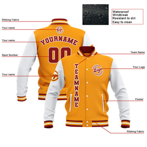Chaquetas universitarias impermeables personalizadas en amarillo-rojo y blanco con nombre-número y logotipo bordados