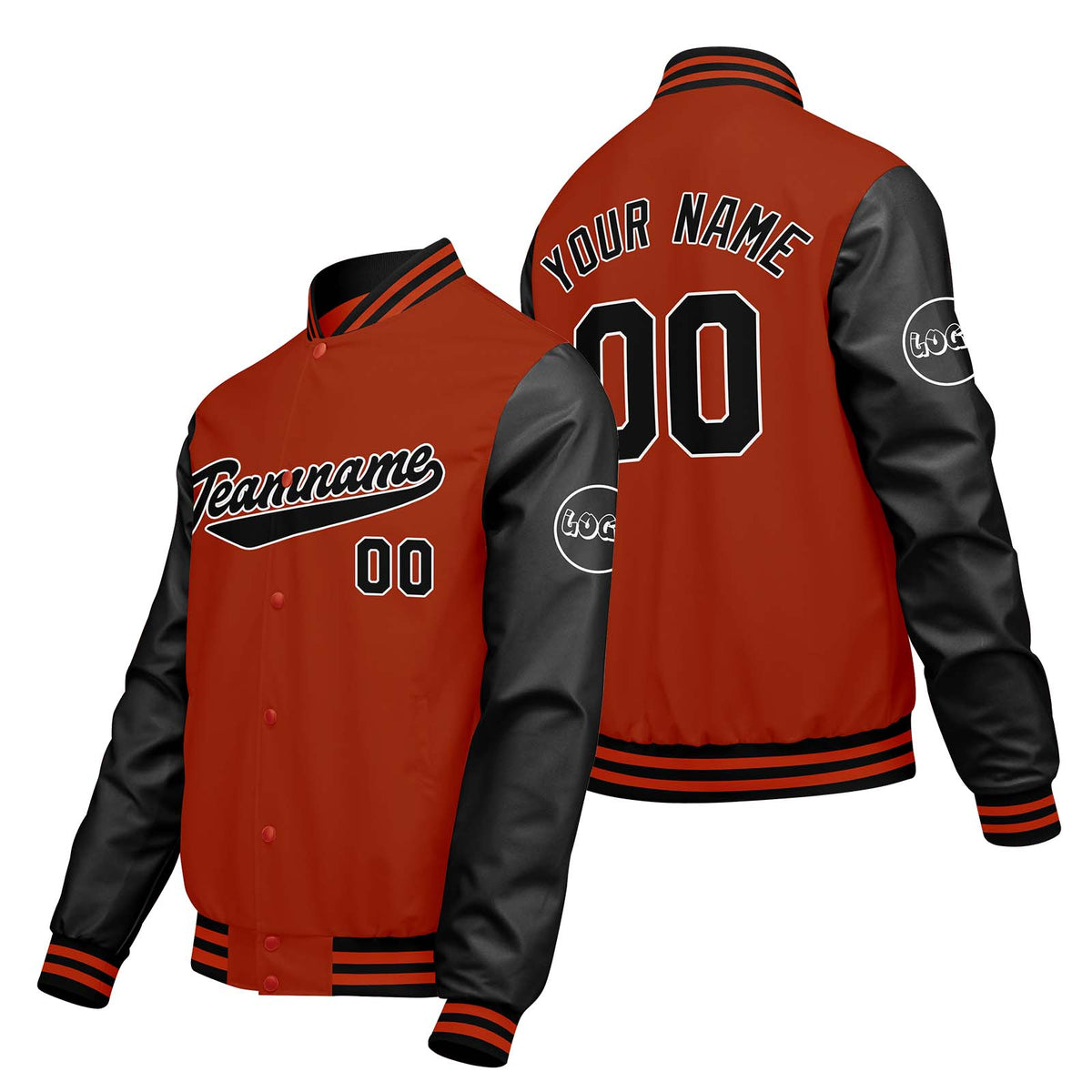 Chaquetas universitarias personalizadas en naranja y negro para hombres & mujeres y jóvenes & Chaquetas Letterman personalizadas