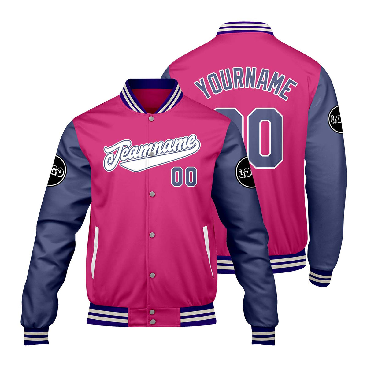 Chaquetas universitarias personalizadas en rosa y morado para hombres & mujeres y jóvenes & Chaquetas tipo Letterman personalizadas
