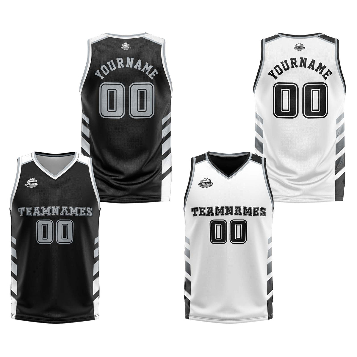 Traje de baloncesto reversible personalizado en negro-blanco y gris para adultos y niños