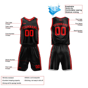 Uniforme de baloncesto personalizado en negro y rojo con tu logotipo-nombre y número impresos