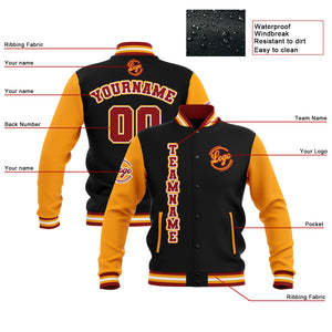 Chaquetas universitarias impermeables personalizadas en negro-amarillo y rojo con nombre-número y logotipo bordados