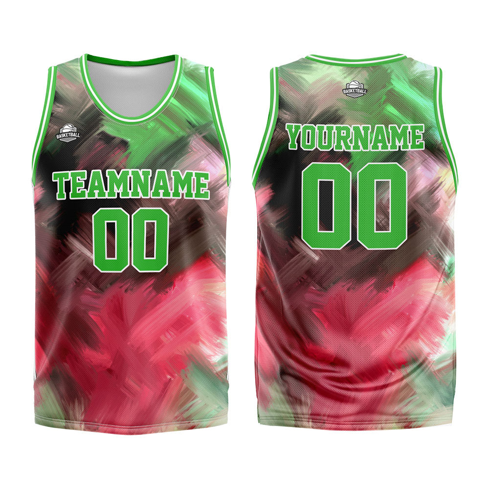 Uniforme de baloncesto personalizado verde y rojo con tu logotipo-nombre y número impresos