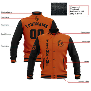 Chaquetas universitarias impermeables negras y naranja oscuro personalizadas con nombre-número y logotipo bordados a medida