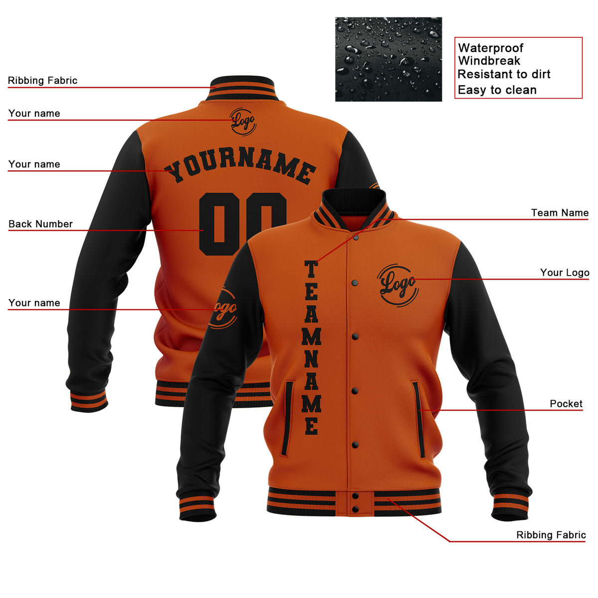 Chaquetas universitarias impermeables negras y naranja oscuro personalizadas con nombre-número y logotipo bordados a medida