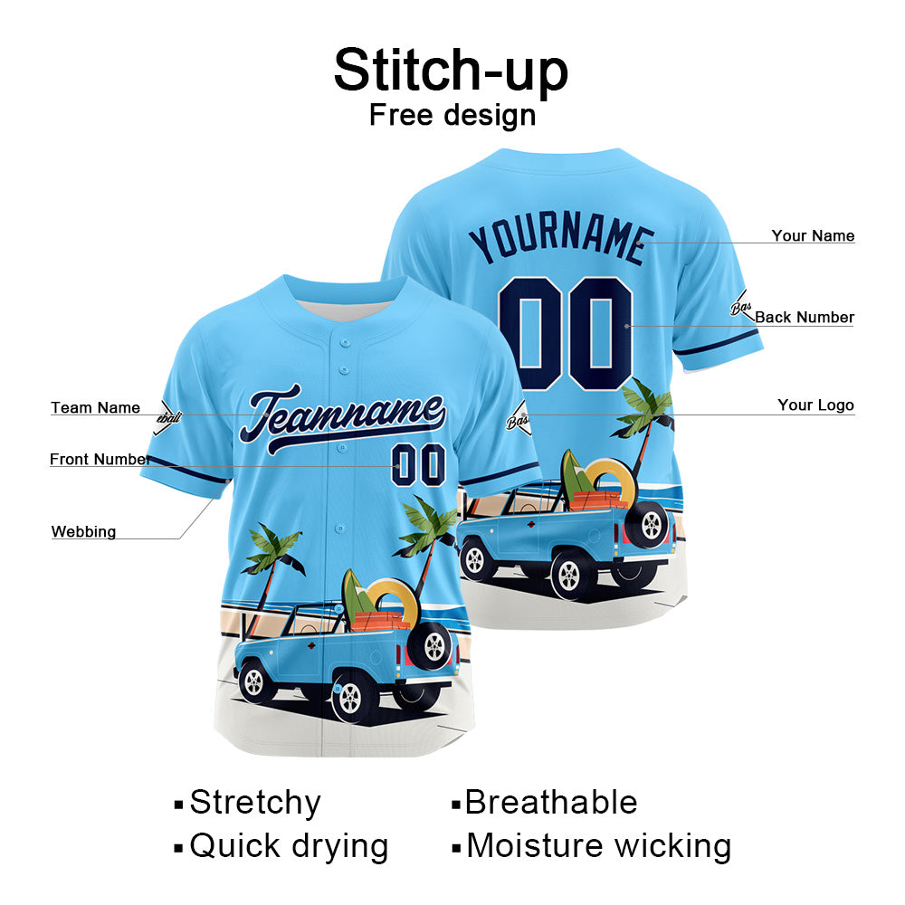Camiseta de béisbol azul con dise?o personalizado estampado completo
