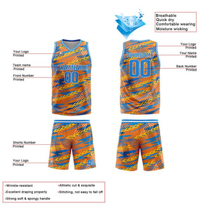 Uniforme de baloncesto personalizado naranja y azul con tu logotipo-nombre y número impresos