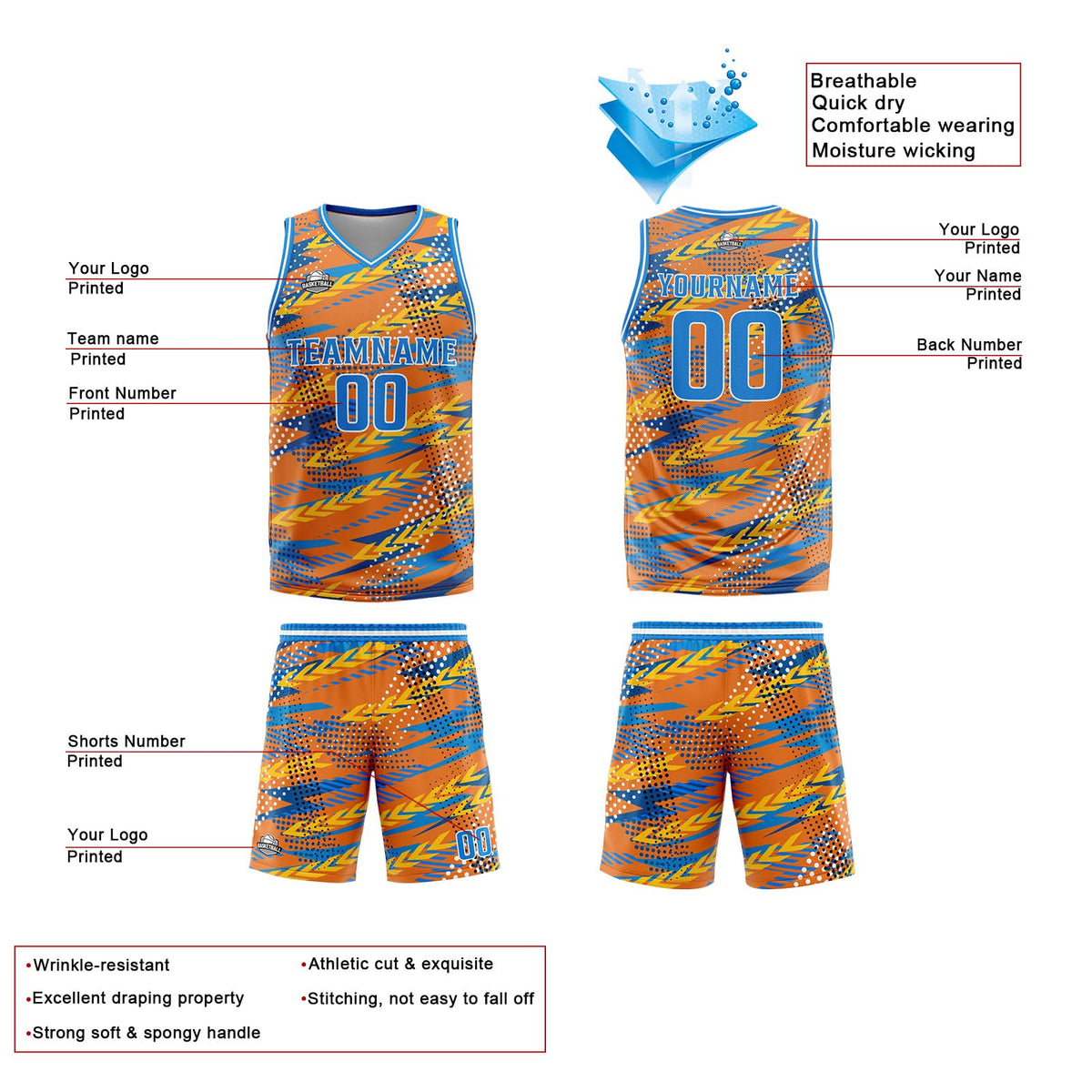 Uniforme de baloncesto personalizado naranja y azul con tu logotipo-nombre y número impresos