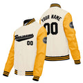 Chaquetas universitarias personalizadas color crema & blanco y amarillo para hombres & mujeres y jóvenes & Chaquetas tipo Letterman personalizadas