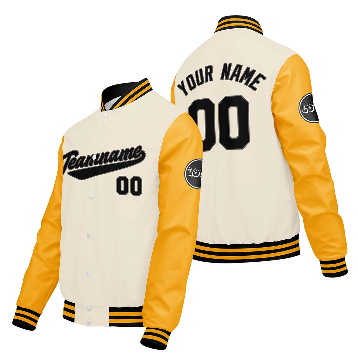 Chaquetas universitarias personalizadas color crema & blanco y amarillo para hombres & mujeres y jóvenes & Chaquetas tipo Letterman personalizadas
